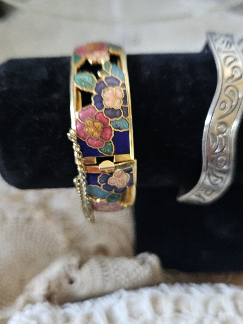 Gold-tone Floral Cloisonné Hinged Bangle Bracelet - Multicolor